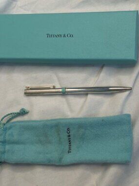 Tiffany & Co. Sterling Silver Ballpoint Pen w/ blue stripe, bag and case